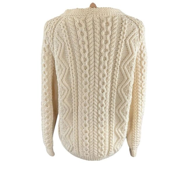 Handknit SZ M Womens Ivory Chunky Cable Knit Fisherman Wool Cardigan Grandmacore - Picture 2 of 15